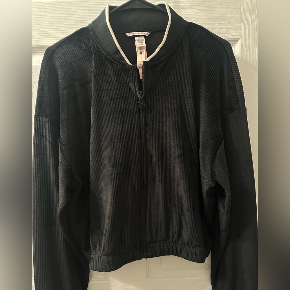 Victoria's Secret Black Ribbed Zip-Front Jacket with White Trim